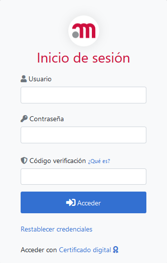 Pantalla de inicio de sesión, acceso con código de verificación