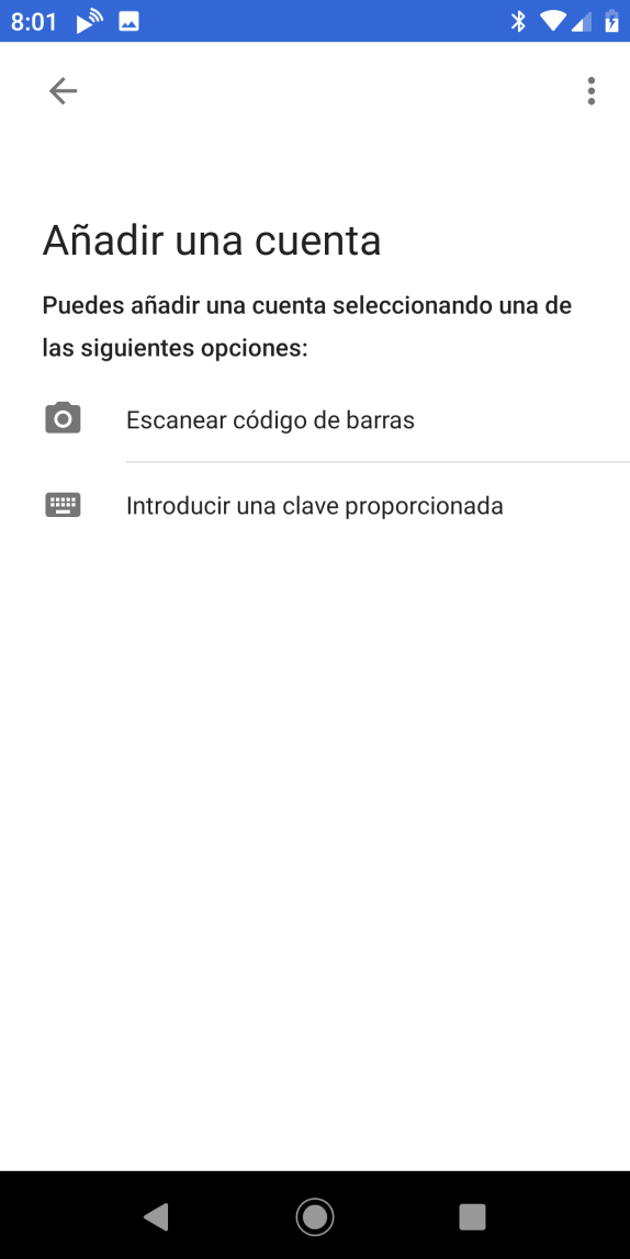 Google Authenticator - Pantalla añadir cuenta